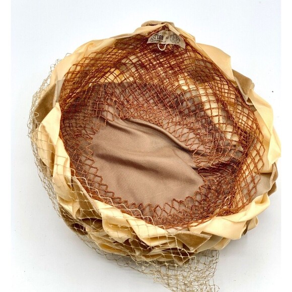 Vintage Pillbox Hat Fishnet Veil Velvet Satin Ribbon Beige Taupe Made in USA